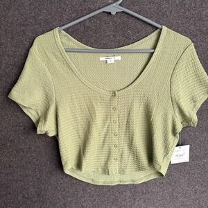 O'Neill XL Marlena Crop Top Green Textured Button Front Sleeve beach western new